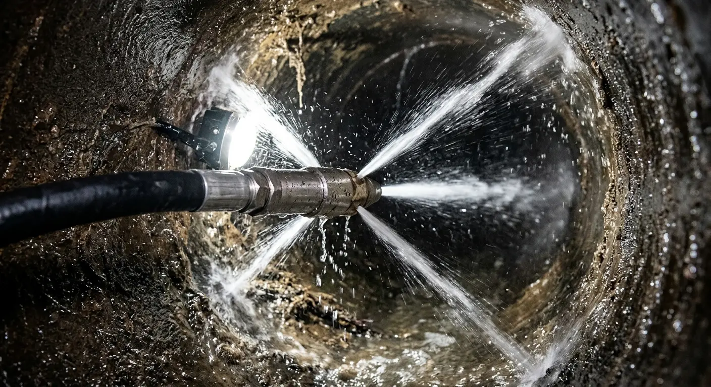 High-pressure hydro jetting nozzle cleaning sewer pipe for Sewer Cleanout in Bixby