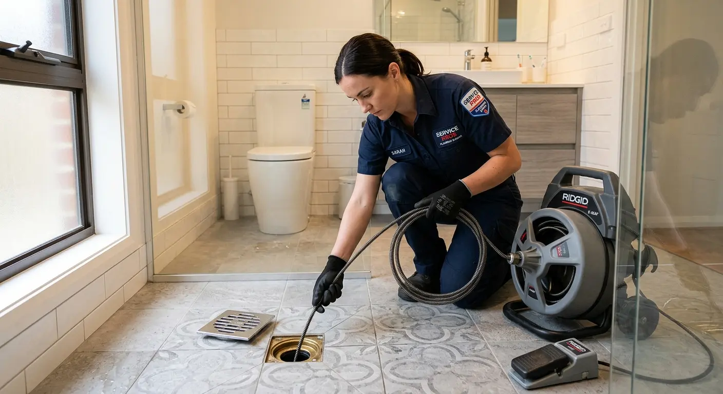 Technician clearing a bathroom floor drain for Sewer Line Installation in Bixby